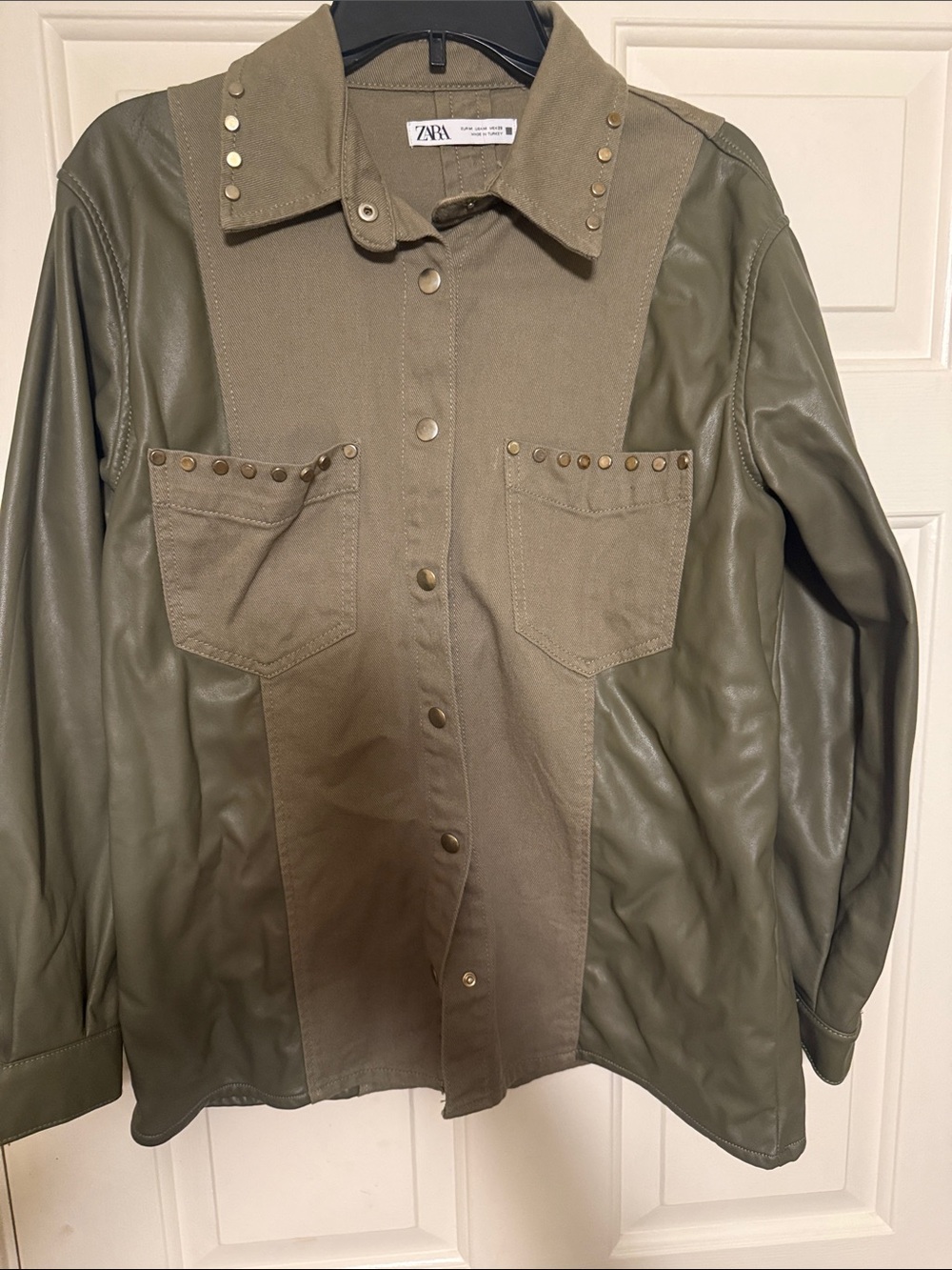 ZARA Olive Mixed-Media Studded Utility Jacket